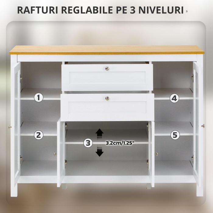  Comoda de Bucatarie cu Sertare, Dulapuri si Usi din Sticla Alb si Stejar [5]