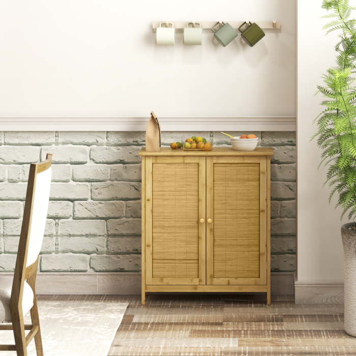  Comoda in Stil Boho din Rattan si Bambus, Dulap cu 2 Usi si Raft Interior, 60x27x67.5 cm, Lemn Natural [7]