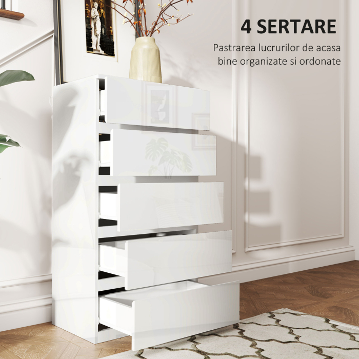  Comoda Moderna Anti-rasturnare, Comoda cu 5 Sertare din Pal Melaminat, 55x33x100 cm, Alb Lucios [4]