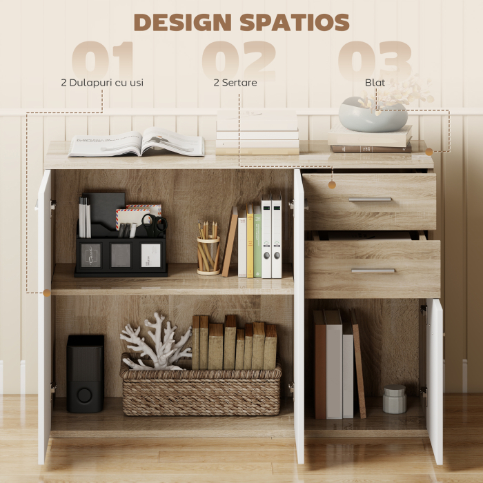  Comoda Moderna cu 3 Dulapuri si 2 Sertare din Lemn, Efect lemn [4]