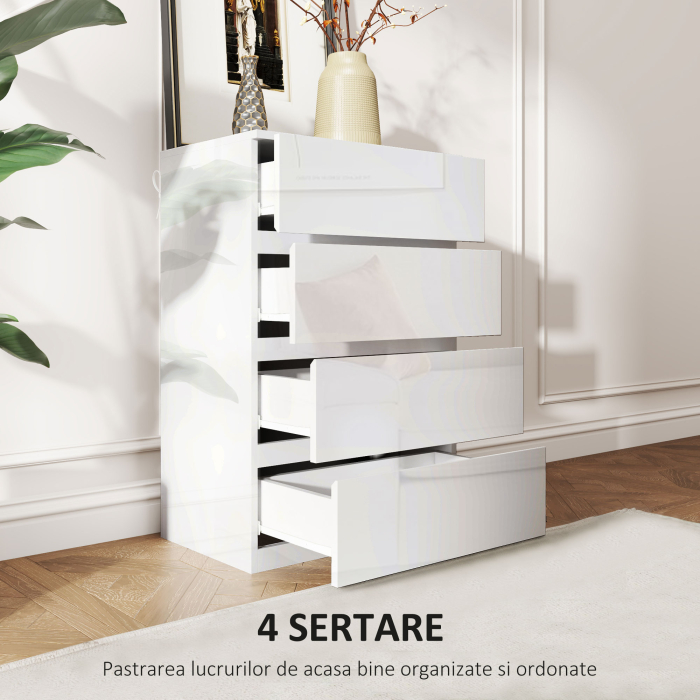  Comoda Moderna cu 4 Sertare Anti-Rasturnare, Comoda din Pal Melaminat, 55x33x80 cm, Alb Lucios [4]
