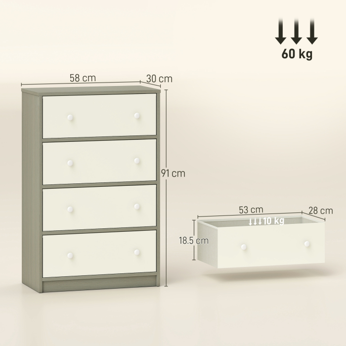  Comoda Moderna cu 4 Sertare Pliabile 58x30x91 cm, Alb si Gri [3]