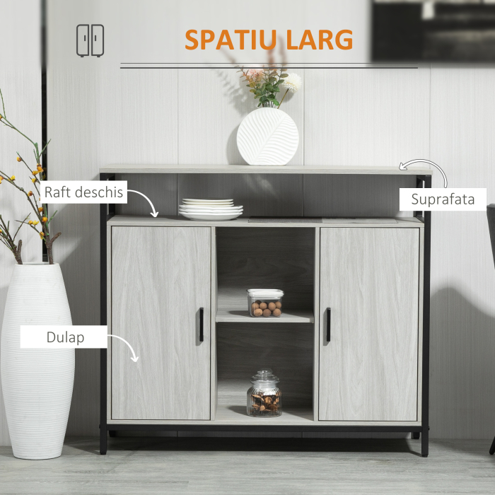  Comoda moderna din lemn cu rafturi, 100x34x87.2cm, gri deschis [4]