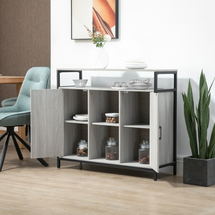  Comoda moderna din lemn cu rafturi, 100x34x87.2cm, gri deschis [7]