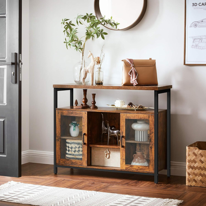 Comoda tip bufet, cu 2 usi cu sticla, rafuri reglabile, stil industrial, 100x35x80cm, maro rustic [2]