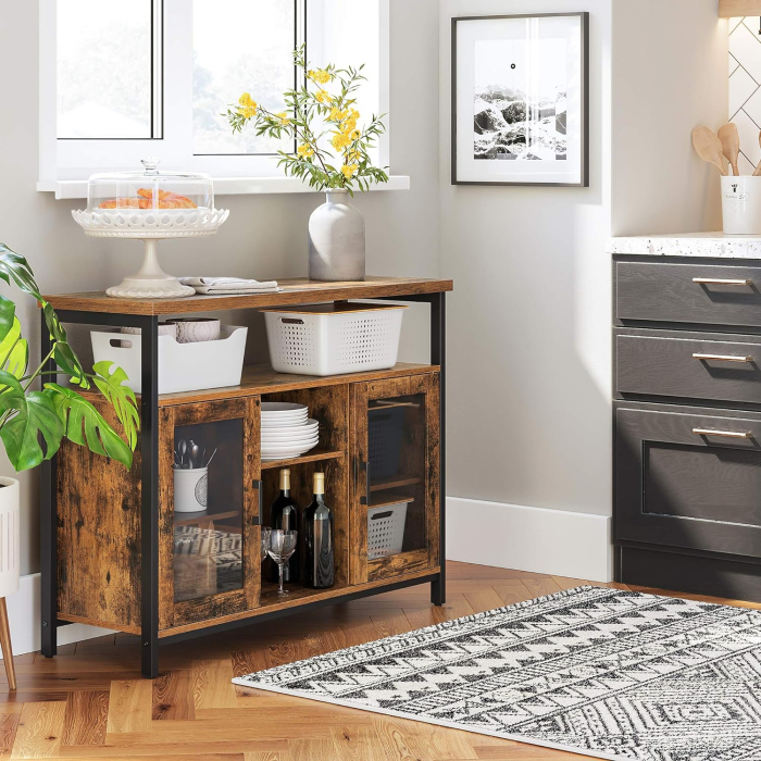 Comoda tip bufet, cu 2 usi cu sticla, rafuri reglabile, stil industrial, 100x35x80cm, maro rustic [6]