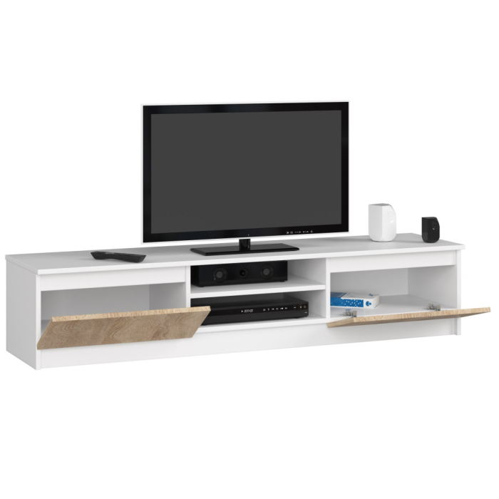 Comoda TV cu 2 usi si rafturi centrale, PAL laminat, 160x40x33 cm, alb si stejar sonoma [2]