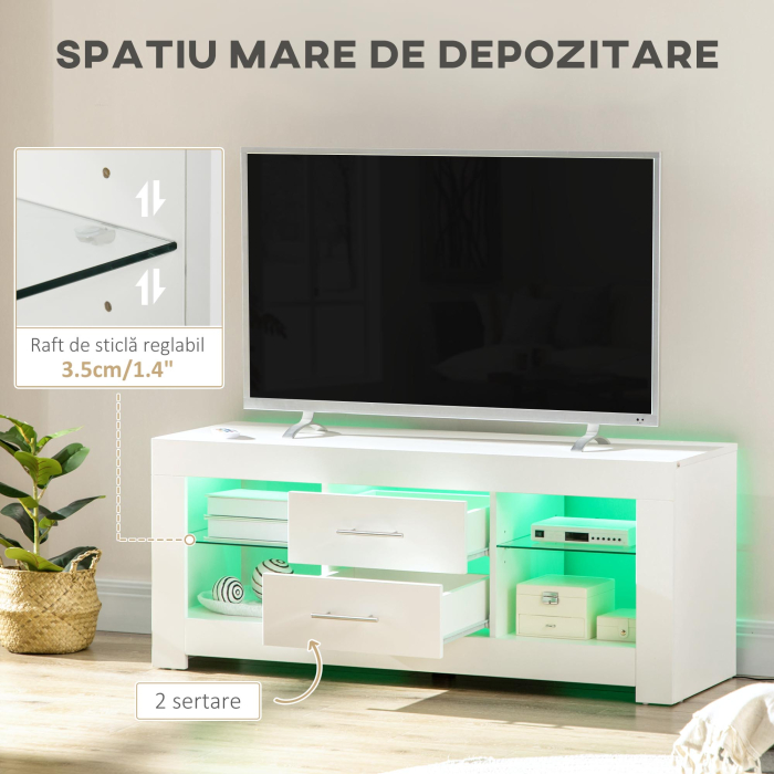 Comoda TV cu LED RGB - 55", Etajere Sticla & Telecomanda, 12 Culori, 10W [5]