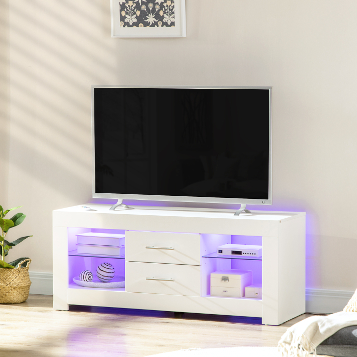Comoda TV cu LED RGB - 55", Etajere Sticla & Telecomanda, 12 Culori, 10W [2]