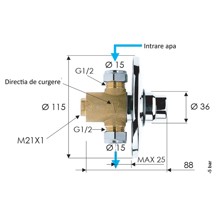Comutator dus Remer Rubinetterie Tempor TE30, design minimalist, finisaj cromat, alama sanitara [4]