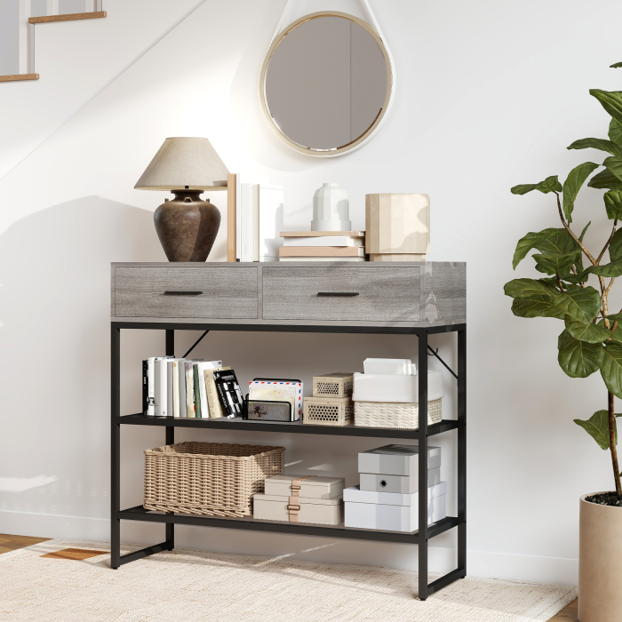 Consola de Intrare cu 2 Sertare, 2 Rafturi din Plasa si Carlig Lateral, Consola in Lemn si Metal, Masuta de Intrare pentru Dormitor, 100x35x92 cm, Gri Deschis [7]