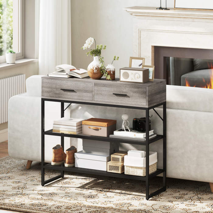 Consola de Intrare cu 2 Sertare, 2 Rafturi din Plasa si Carlig Lateral, Consola in Lemn si Metal, Masuta de Intrare pentru Dormitor, 100x35x92 cm, Gri Deschis [6]
