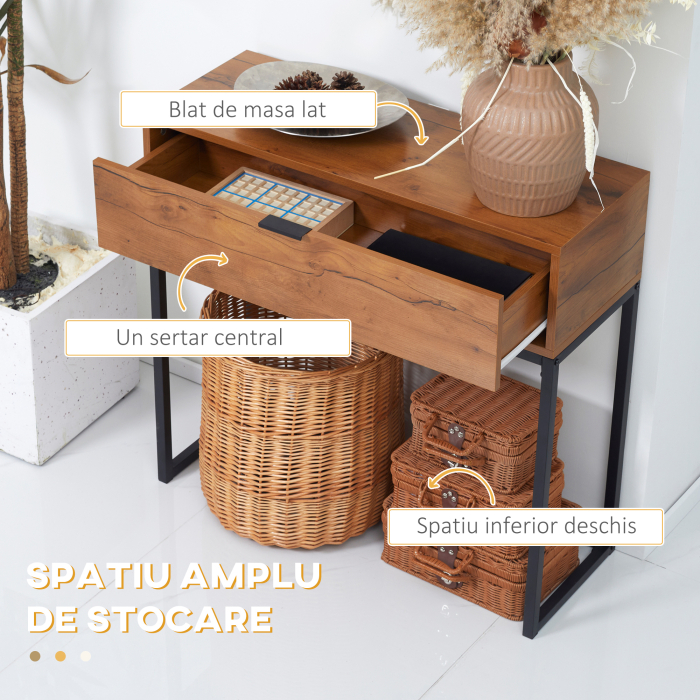  Consola pentru hol cu sertar, masa consola din lemn cu picioare din otel, 80x30x76cm, maro si negru [5]