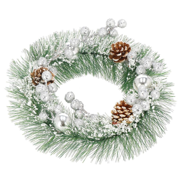 Coronita pentru Craciun, 24 cm, din brad artificial, cu conuri si zapada, verde [8]