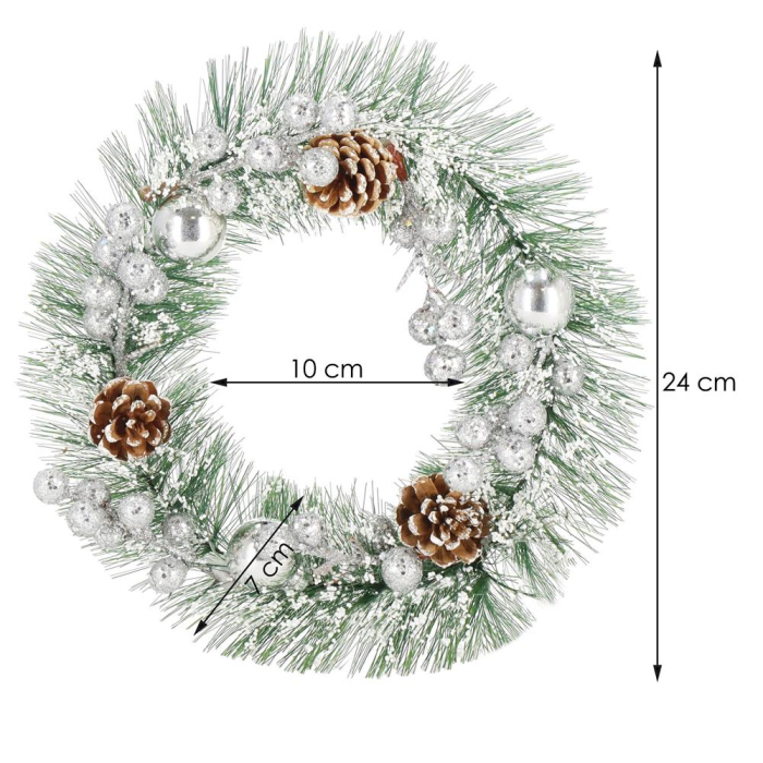 Coronita pentru Craciun, 24 cm, din brad artificial, cu conuri si zapada, verde [5]