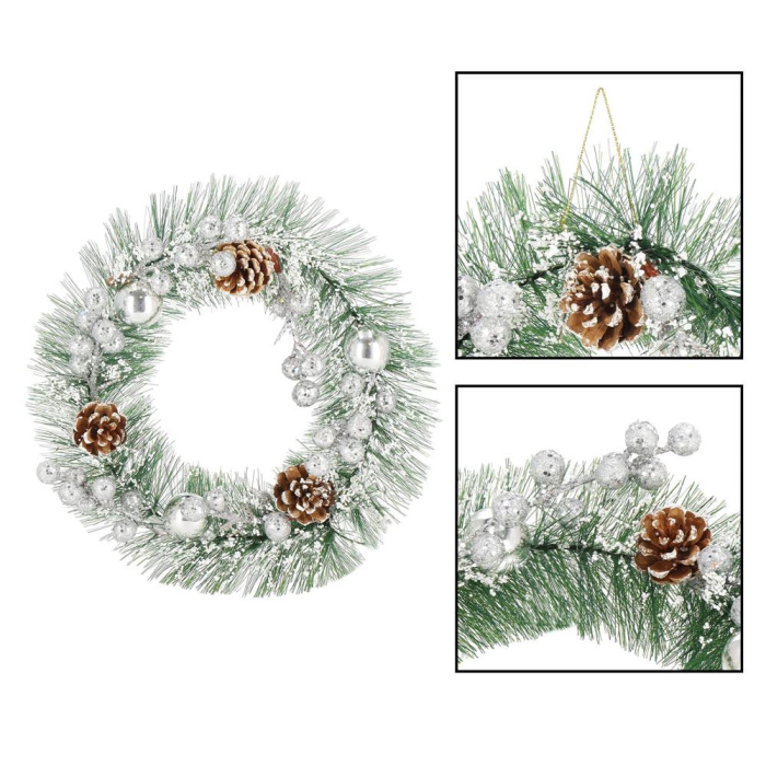 Coronita pentru Craciun, 24 cm, din brad artificial, cu conuri si zapada, verde [9]
