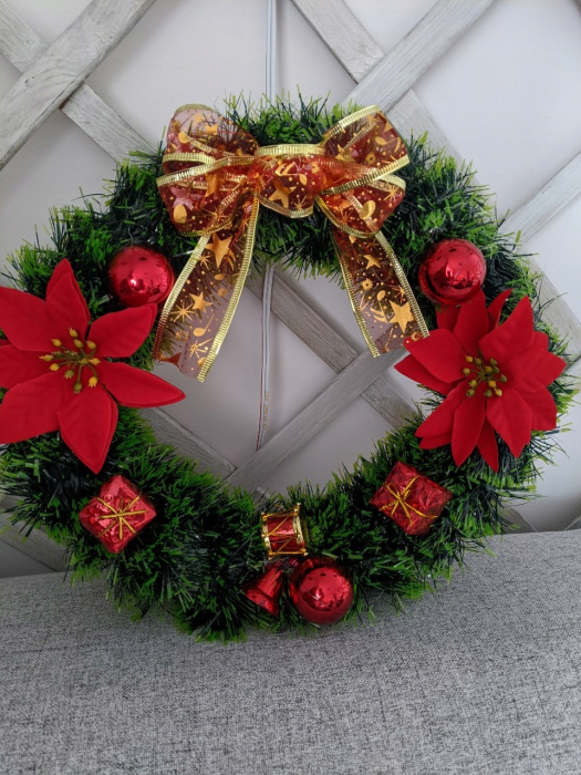 Coronita pentru Craciun, 35 cm, din brad artificial, cu decoratiuni, verde [12]