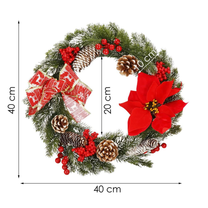 Coronita pentru Craciun, 40 cm, din brad artificial 3D, cu conuri si zapada, verde [11]