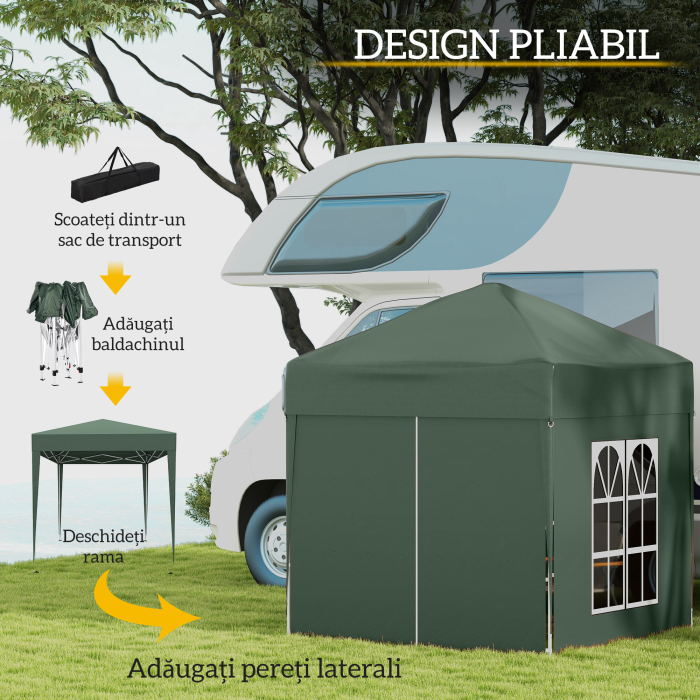  Cort 2x2 m impermeabil cu 4 pereti detasabili, cort pliabil din metal si poliester cu husa de transport, Verde [4]