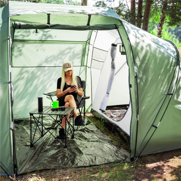 Cort camping, impemeabil, 2 camere + hol, 4 locuri, 460x200x245cm, verde [35]
