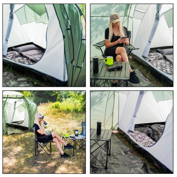 Cort camping, impemeabil, 2 camere + hol, 4 locuri, 460x200x245cm, verde [33]