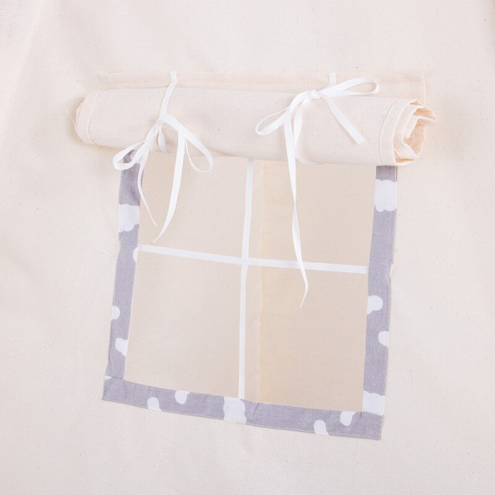 Cort copii Sersimo stil indian Teepee Tent cu fereastra, covoras gros si 2 perne, alb gri cu norisori [8]