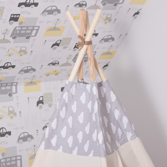 Cort copii Sersimo stil indian Teepee Tent cu fereastra, covoras gros si 2 perne, alb gri cu norisori [7]