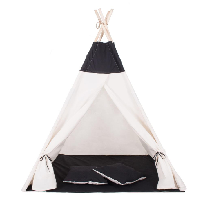 Cort copii Sersimo stil indian Teepee Tent cu fereastra, covoras gros si 2 perne, alb negru [9]