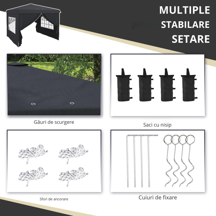  Cort cu Copertina Pliabila de 3x3 m, Adapost pentru Soare Reglabil in inaltime, Geanta de Transport si Saci de Greutate [7]