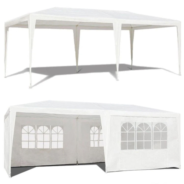 Cort de gradina 300x600 cm, 6 pereti detasabili cu ferestre si usa, structura metalica, PE impermeabil, alb [2]
