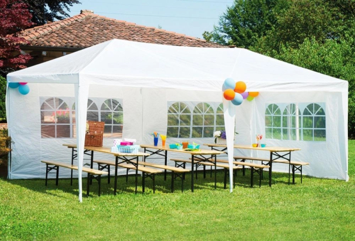 Cort de gradina 300x600 cm, 6 pereti detasabili cu ferestre si usa, structura metalica, PE impermeabil, alb [3]