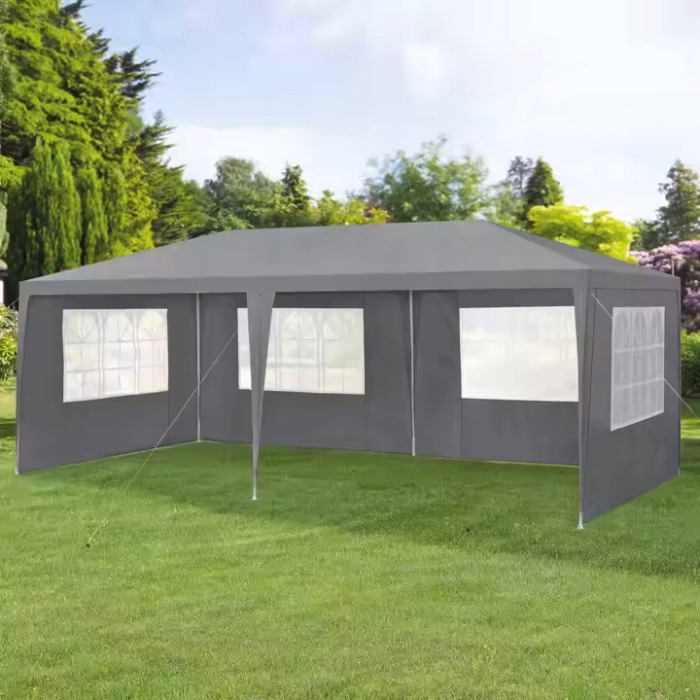 Cort de gradina 300x600 cm, 6 pereti detasabili cu ferestre si usa, structura metalica, PE impermeabil, gri [5]