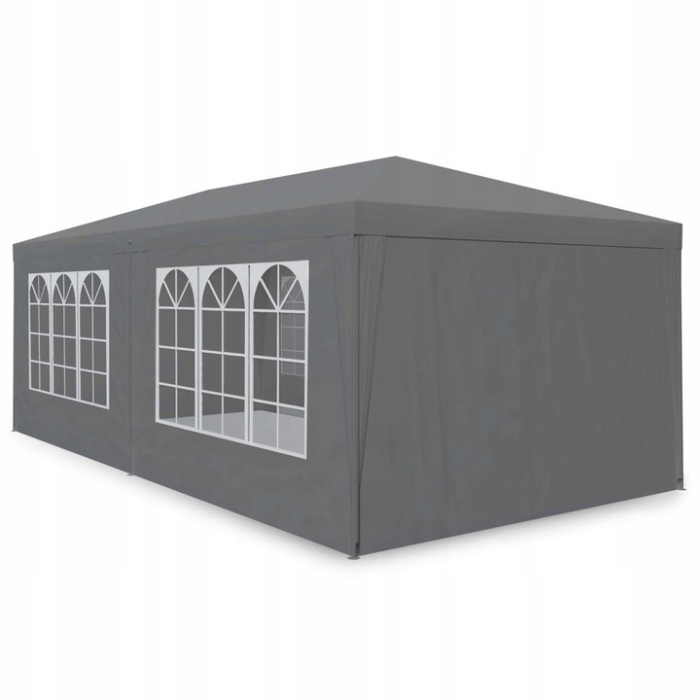 Cort de gradina 300x600 cm, 6 pereti detasabili cu ferestre si usa, structura metalica, PE impermeabil, gri [3]