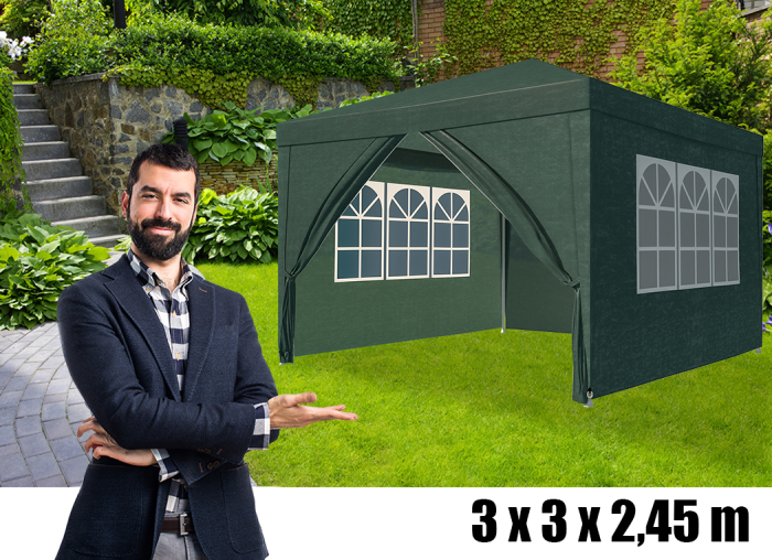 Pavilion gradina 300x300 cm cu 4 pereti laterali cu ferestre, PE 110g/m2 impermeabil, cadru otel, verde [3]