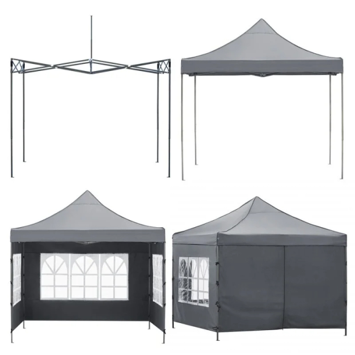 Cort pavilion de gradina, pliere rapida, 300x300 cm, inaltime reglabila, cu 3 pereti laterali, impermeabil, gri [6]