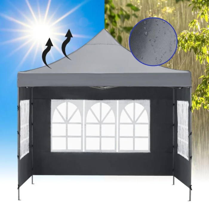 Cort pavilion de gradina, pliere rapida, 300x300 cm, inaltime reglabila, cu 3 pereti laterali, impermeabil, gri [11]