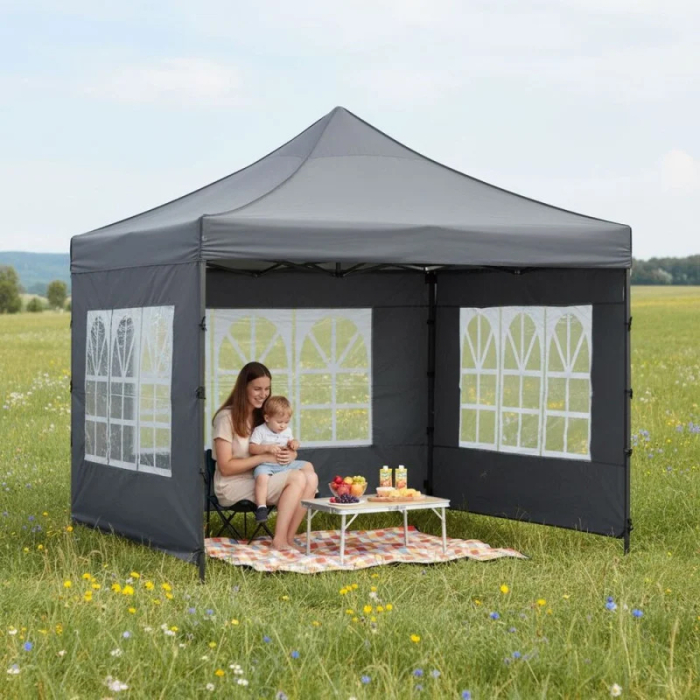 Cort pavilion de gradina, pliere rapida, 300x300 cm, inaltime reglabila, cu 3 pereti laterali, impermeabil, gri [4]