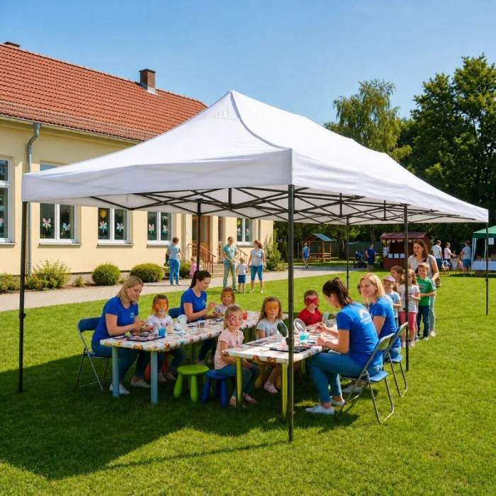 Cort pavilion de gradina, pliere rapida, 300x600 cm, inaltime reglabila, cu 3 pereti laterali, impermeabil, alb [4]