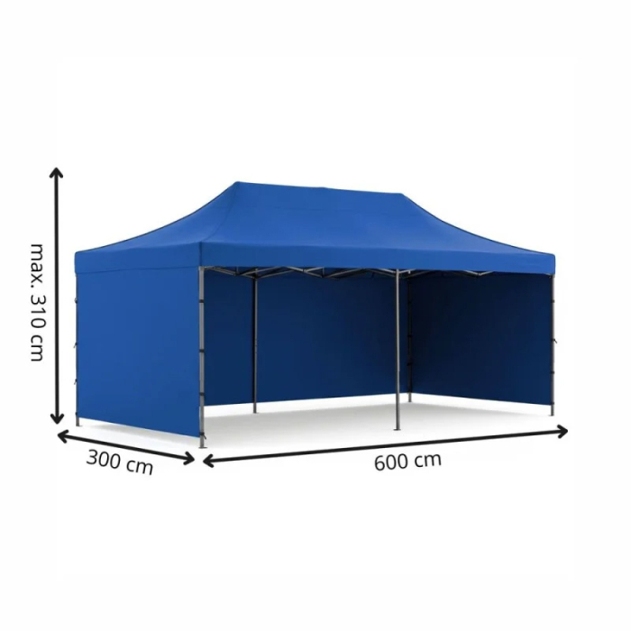 Cort pavilion de gradina, pliere rapida, 300x600 cm, inaltime reglabila, cu 3 pereti laterali, impermeabil, albastru [15]