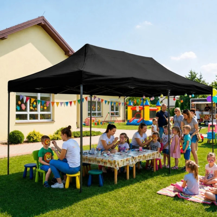 Cort pavilion de gradina, pliere rapida, 300x600 cm, inaltime reglabila, cu 3 pereti laterali, impermeabil, negru [3]