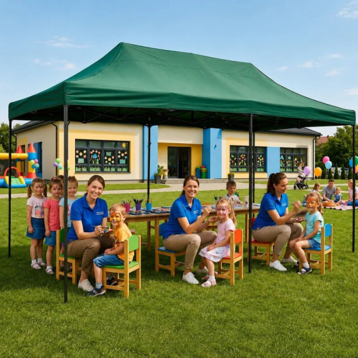 Cort pavilion de gradina, pliere rapida, 300x600 cm, inaltime reglabila, cu 3 pereti laterali, impermeabil, verde [4]