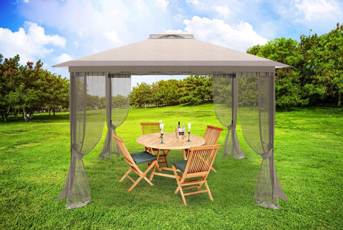 Pavilion gradina pop-up 300x300 cm cu 4 pereti plasa tantari, PE 110g/m2 impermeabil, copertina suplimentara, inaltime 2.6 m, bej [6]