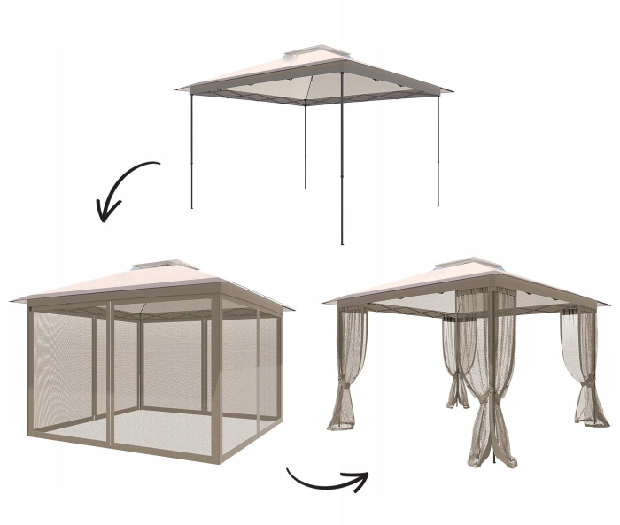 Pavilion gradina pop-up 300x300 cm cu 4 pereti plasa tantari, PE 110g/m2 impermeabil, copertina suplimentara, inaltime 2.6 m, bej [9]