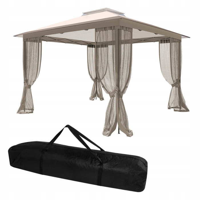 Pavilion gradina pop-up 300x300 cm cu 4 pereti plasa tantari, PE 110g/m2 impermeabil, copertina suplimentara, inaltime 2.6 m, bej [7]