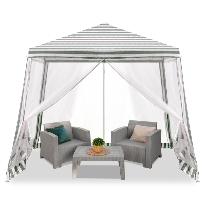 Cort pavilion gradina, pereti cu plasa anti insecte si structura metalica, 3x3 m, alb si verde [2]