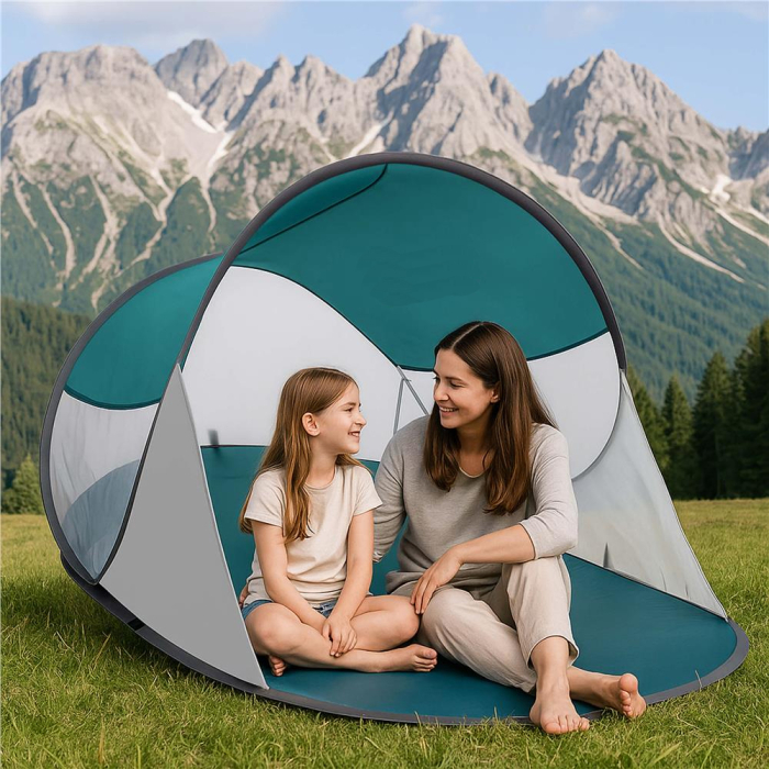 Cort plaja autoexpansibil pop-up protectie uv podea izolanta, 190x120x100 cm, compact, turcoaz gri [17]