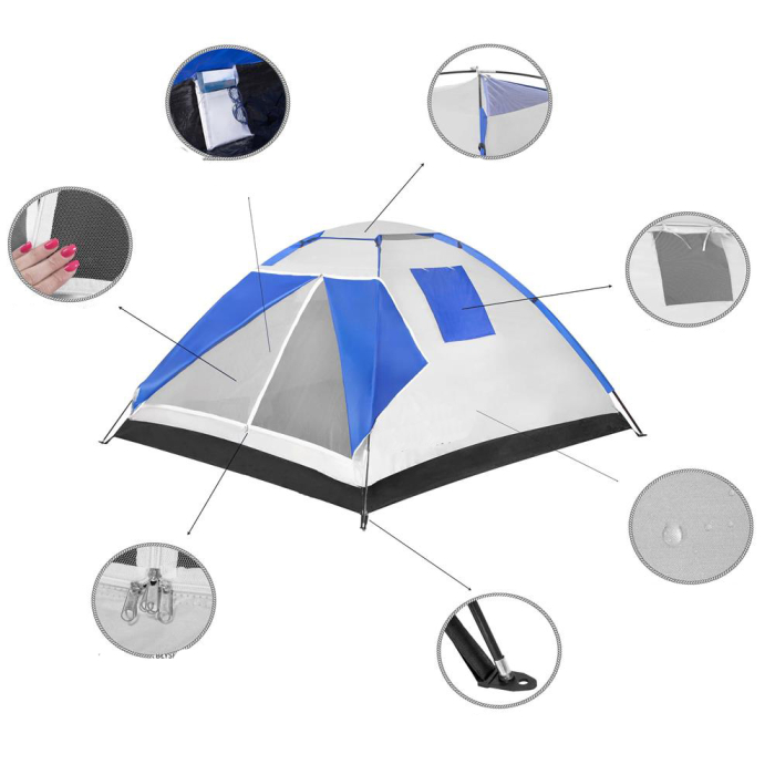 Cort camping 4 persoane impermeabil terasa protectie uv, 210x240x130 cm, ventilatie, gri albastru [9]