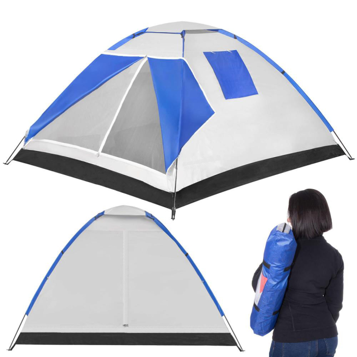 Cort camping 4 persoane impermeabil terasa protectie uv, 210x240x130 cm, ventilatie, gri albastru [21]