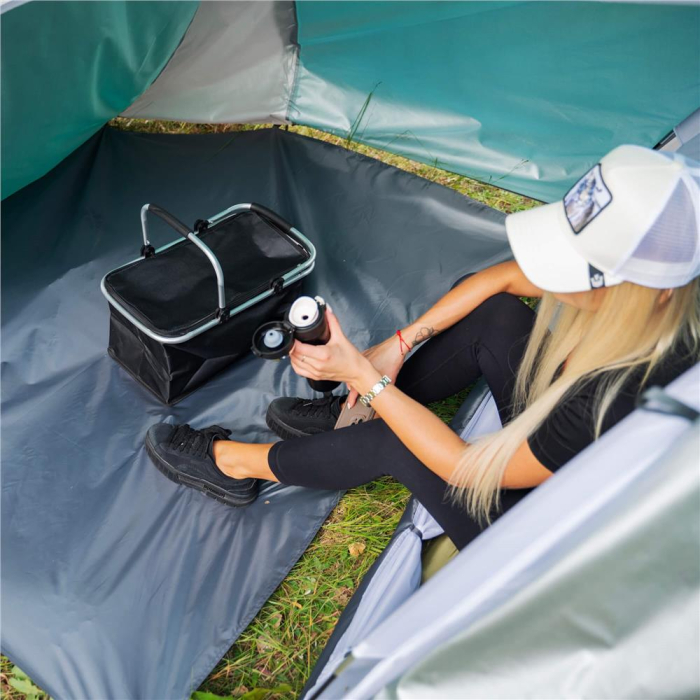 Cort camping 4 persoane impermeabil terasa protectie uv, 175x310x130 cm, ventilatie, gri albastru [15]