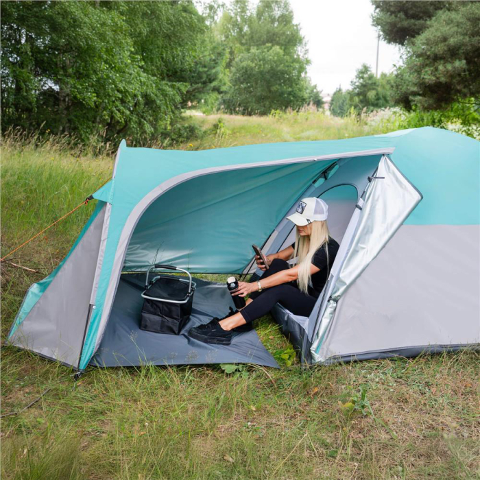 Cort camping 4 persoane impermeabil terasa protectie uv, 175x310x130 cm, ventilatie, gri albastru [9]